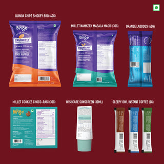 A collage showing multiple packaged THB brand products on a dark red background, including a packet of chips, Millet namkeen, Orange laddods, Choco- Ragi Cookies, sunscreen, and instant coffee, each with back packaging views and product names labeled above.