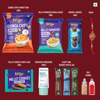 A collage of multiple packaged consumer goods on a dark red background, including THB snack bags, WishCare sunscreen, Sleepy Owl instant coffee, and small gift items labeled Roli Chawal and Rakhi.