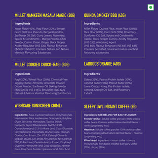 A digital infographic displaying ingredient details for six different products. The layout features a dark purple background with six distinct purple boxes, each detailing the ingredients of a specific product like Millet Namkeen Masala Magic, Millet Cookies Choco-Ragi, and Quinoa Smokey BB, Orange Laddoo. Wishcare Sunscreen and Sleepy Owl Instant Coffee.