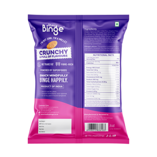 The back of a purple and pink bag of Binge Crunchy & Full of Flavours snack mix, showing the ingredients list, nutrition facts, and manufacturer details on a white background.