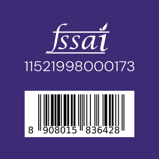 A purple label or packaging graphic with the white 'fssai' logo at the top, a long numeric identifier below it, and a white barcode box with black barcode lines and numbers at the bottom.