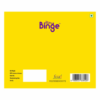 Yellow product packaging card with purple 'The Healthy Binge' logo, a small Indian GST-style square mark in the top right, a blank white box, and a barcode with FSSAI text at the bottom.