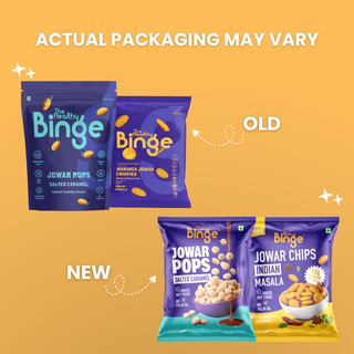 Promotional graphic showing snack pouches from The Healthy Binge on a warm yellow background, with text reading 'ACTUAL PACKAGING MAY VARY' and labeled 'OLD' and 'NEW' package designs.
