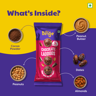 A promotional product graphic for a bag of THB Chocolate Laddoos. The purple and pink snack bag is centered on a yellow and purple background, with callout arrows and labels showing ingredients: cocoa powder, peanut butter, dates, peanuts, and almonds.