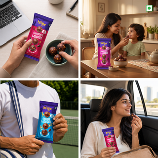 A four-panel collage showing people holding and eating Dipoo branded chocolate and orange laddoos packets in real-life settings: a desk with a laptop, a kitchen table with a woman and child, a tennis court scene, and a car interior.