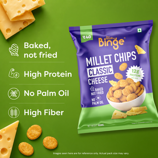 A packet of THB Millet Chips "Classic Cheese in a Green background showing the USPs of the product with scattered cheese cubes and the chips to enhance the visibility.