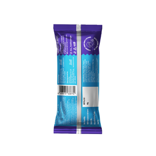 A single packaged snack bar shown upright on a plain white background, photographed from the back side of the wrapper. The wrapper is predominantly bright cyan/blue with purple top and bottom bands, a white vertical stripe, and small white printed text and barcode.