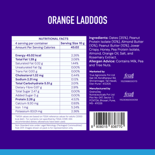Back label of Orange Laddos showing nutritional facts, ingredients list, allergen information, and a barcode on a white background.