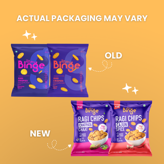 Promotional graphic showing two bags of Ragi Chips in the 'Old' version on the left (purple with pink logo) and two bags of Ragi Chips in the 'New' version on the right (purple with orange logo and red packaging accents), set against a solid yellow background with text reading 'ACTUAL PACKAGING MAY VARY'.