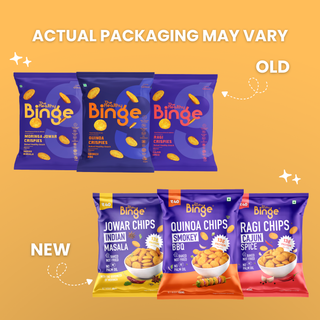 Promotional graphic showing Binge snack packaging on a warm yellow background, with the text 'ACTUAL PACKAGING MAY VARY.' The top row shows three older blue bags labeled 'OLD,' and the bottom row shows three newer colorful bags labeled 'NEW': Jowar Chips Indian Masala, Quinoa Chips BBQ Smokey, and Ragi Chips Cajun Spice.