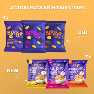 Promotional graphic for chips showing 'OLD' blue packaging and 'NEW' multicolored snack bag variants on a warm yellow background with the text 'ACTUAL PACKAGING MAY VARY'.