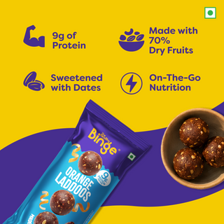 A package of Bite Size Bingo Orange Laddooos is shown on a bright yellow and purple background with promotional text highlighting 9g of protein, 70% dry fruit, dates, and on-the-go nutrition. A small bowl of chocolate-coated date-laden laddoo balls appears on the right.
